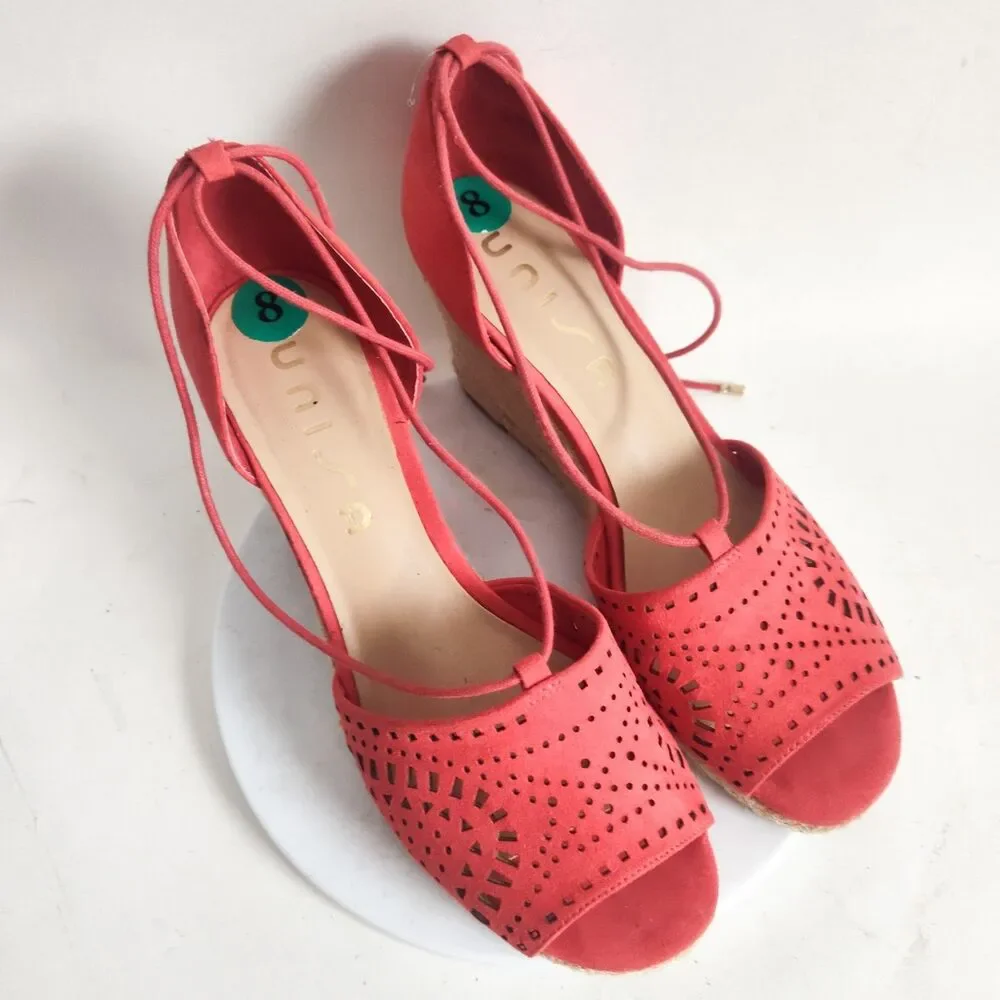 Unisa Red Laser Cut Women's Sandals Size 8 Espadrille‎ Wedge Open Toe Ankle Tie